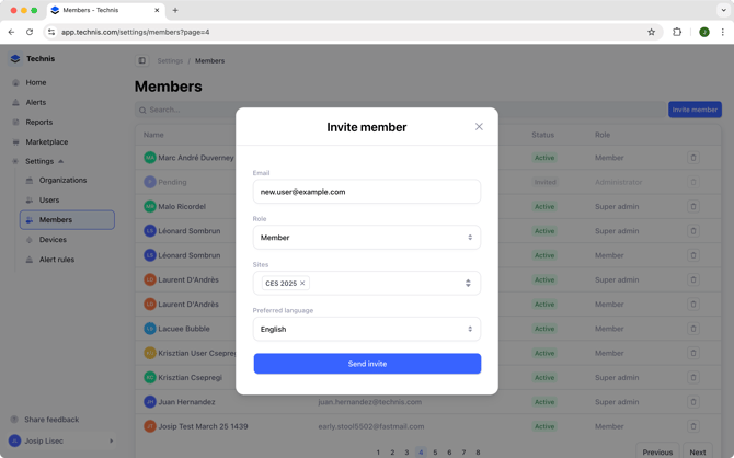 Screen for inviting users