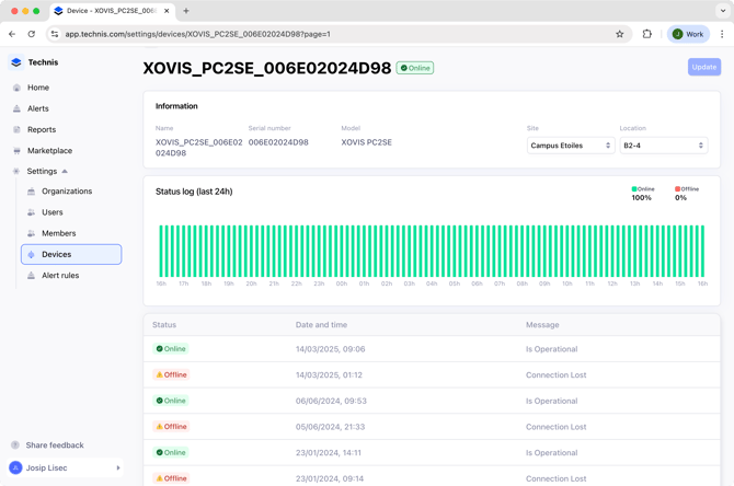 Screenshot of a device detail page