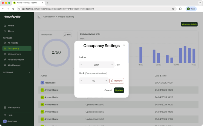 Screenshot of occupancy settings
