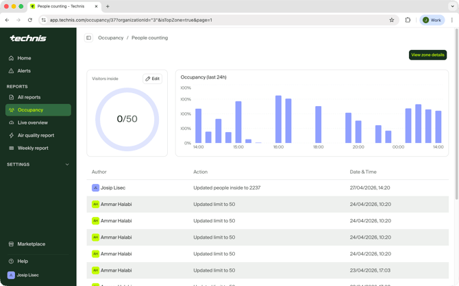 Screenshot of a occupancy history page
